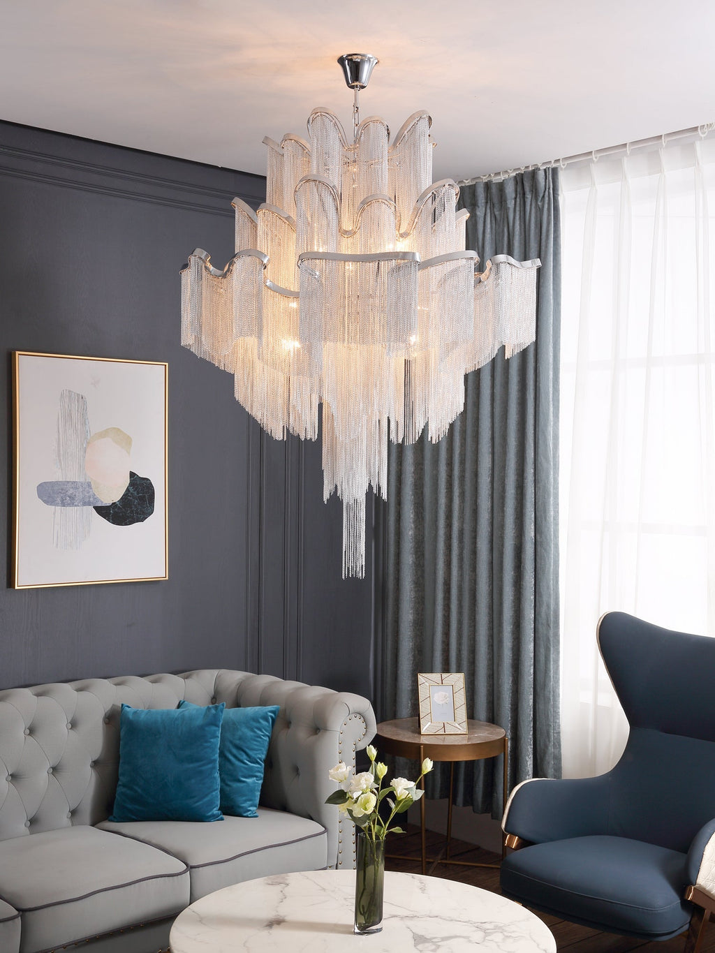 Stream Chain Chandelier — Cascading Link Design, Gold & Silver Finishes