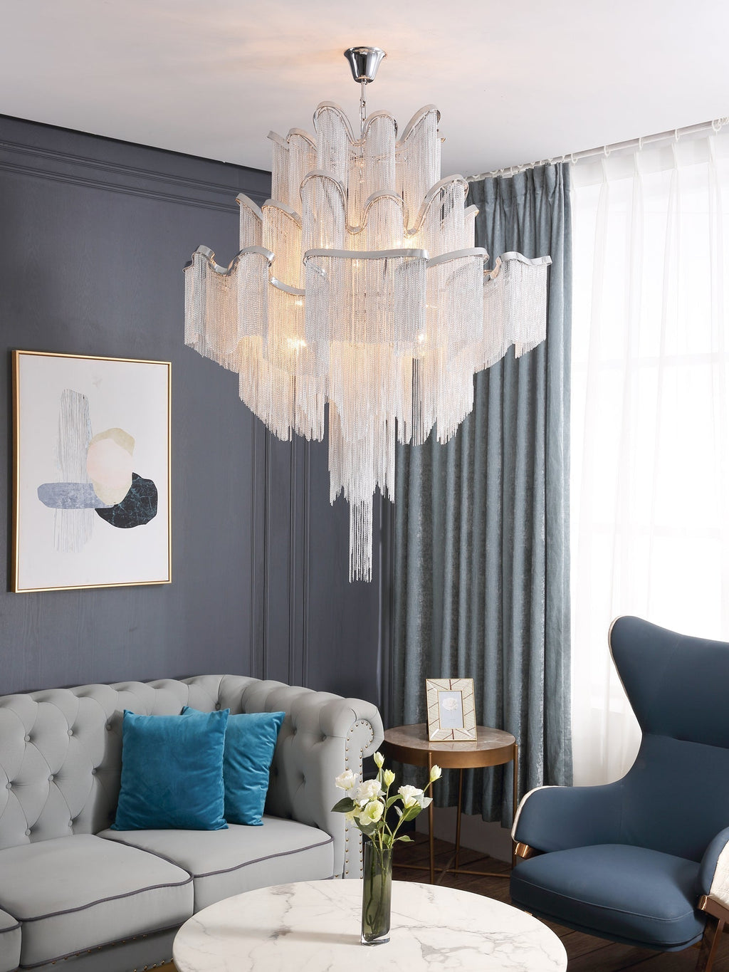 Lampada a sospensione Lustra in nichel — Design con catena a cascata