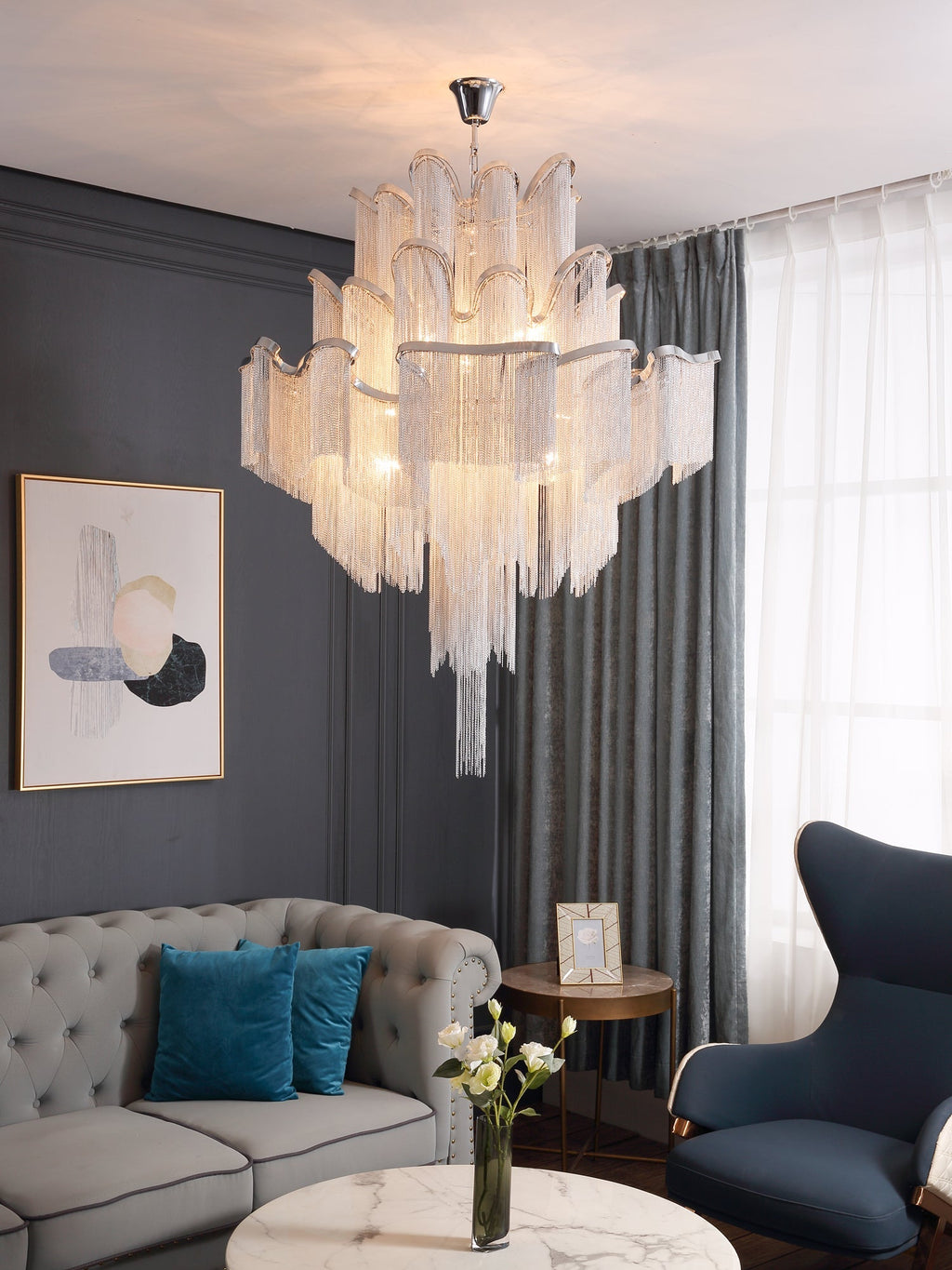 Stream Chain Chandelier — Cascading Link Design, Gold & Silver Finishes