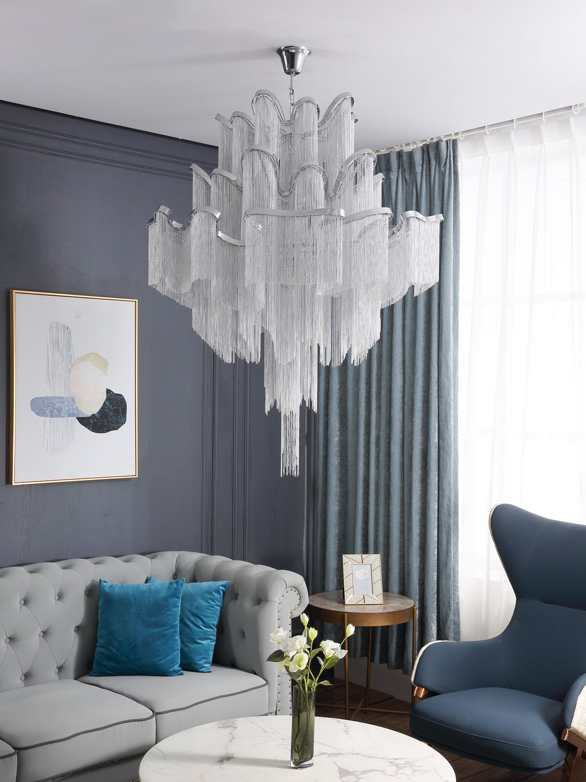 Lampada a sospensione Lustra in nichel — Design con catena a cascata