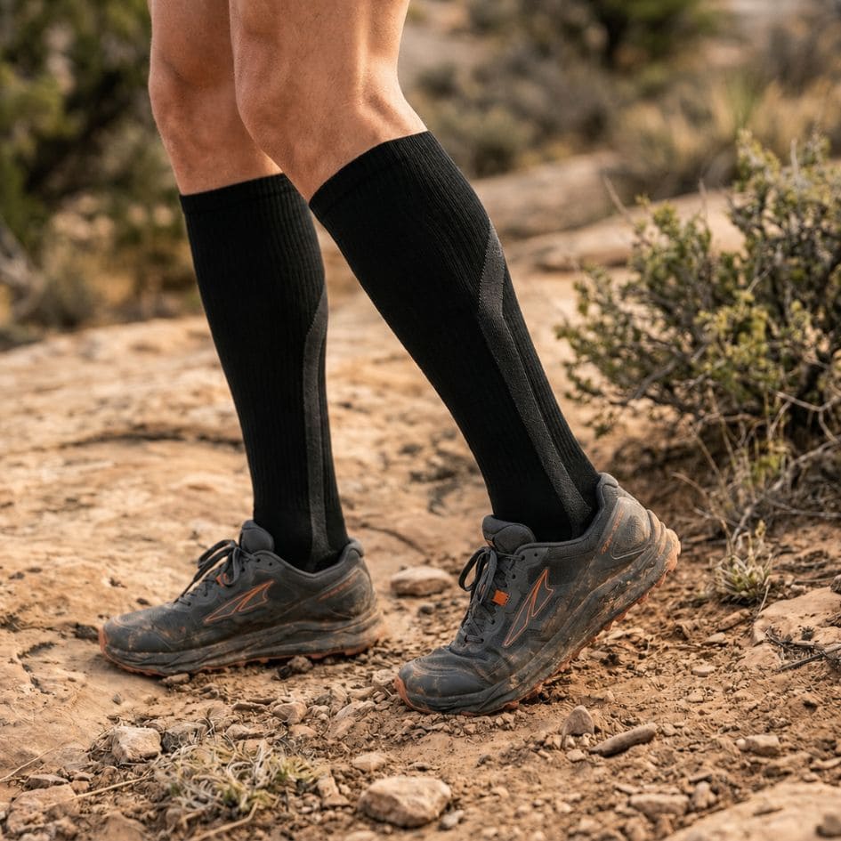 Hiker on a dusty trail wearing black knee-high compression socks
