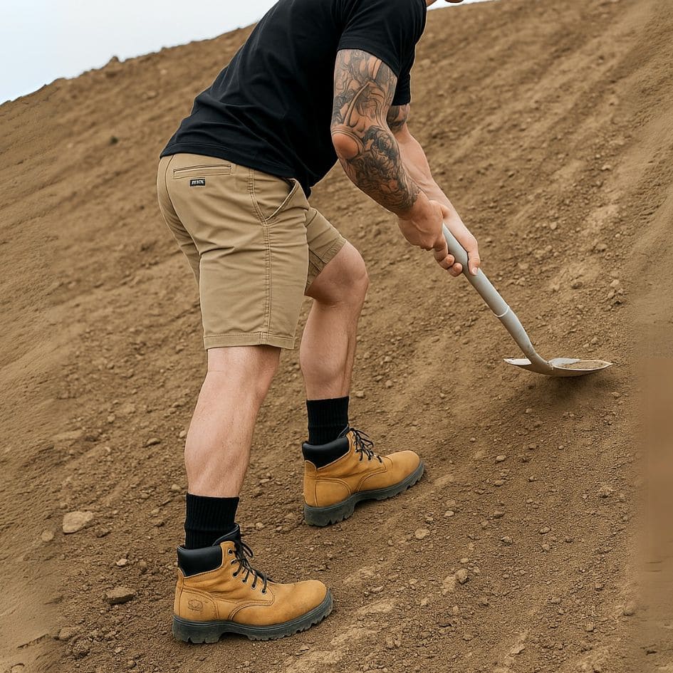 Man digging with a shovel wearing crew socks and work boots