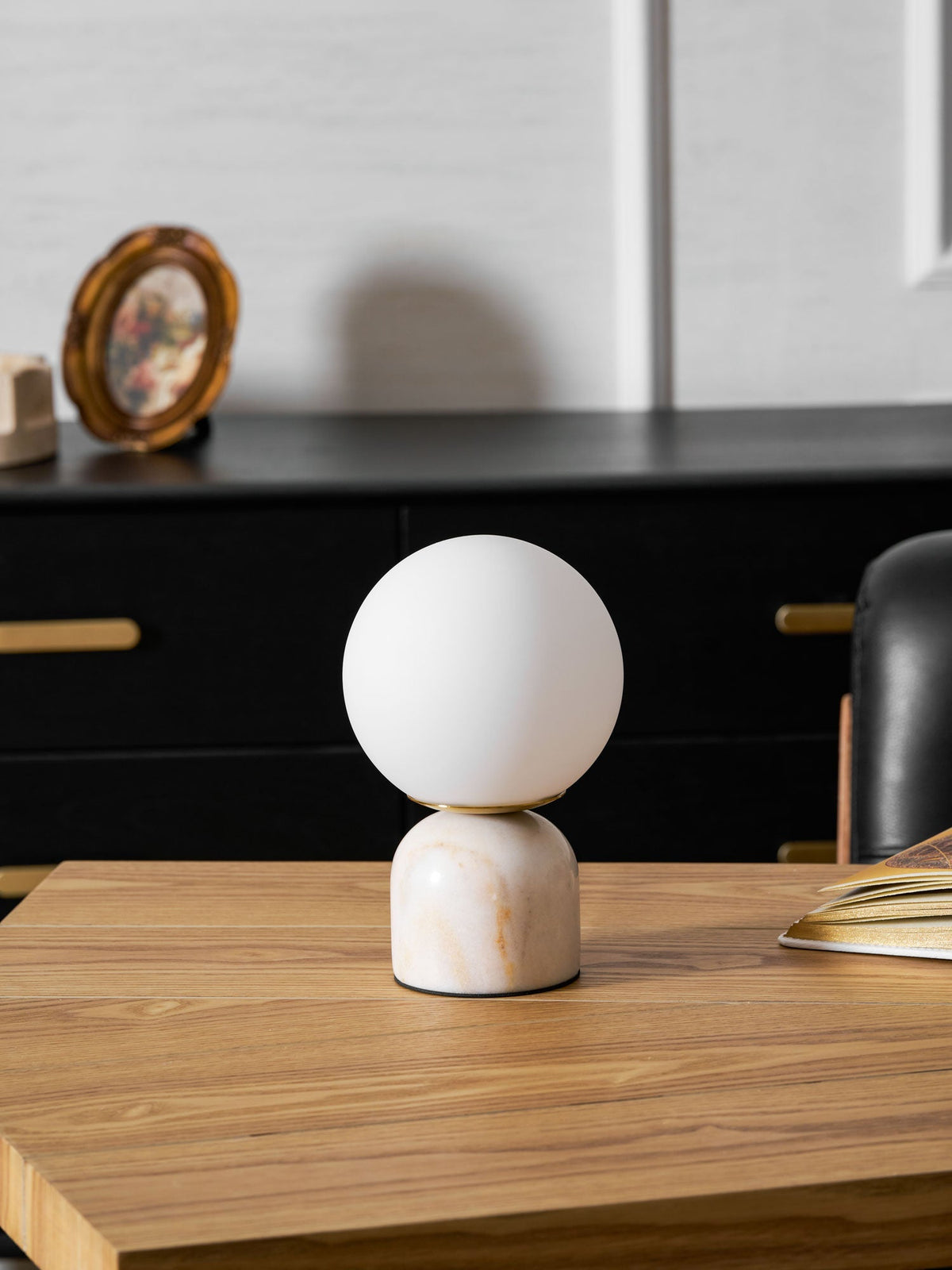 Sylas Marble Table Lamp — White Glass Orb