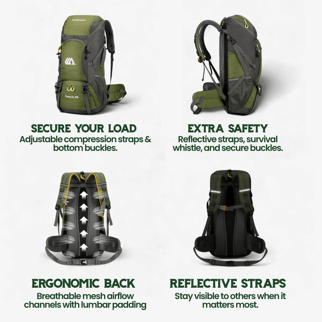 SummitForge 50-Liter-Wanderrucksack mit atmungsaktivem Rückenteil und Schuhfach