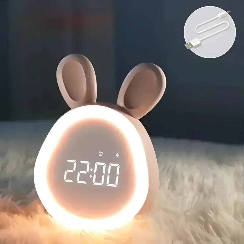 Luz nocturna y reloj con forma de conejo LumoPals recargable por USB para niños