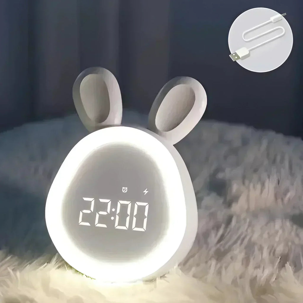 Luz nocturna y reloj con forma de conejo LumoPals recargable por USB para niños