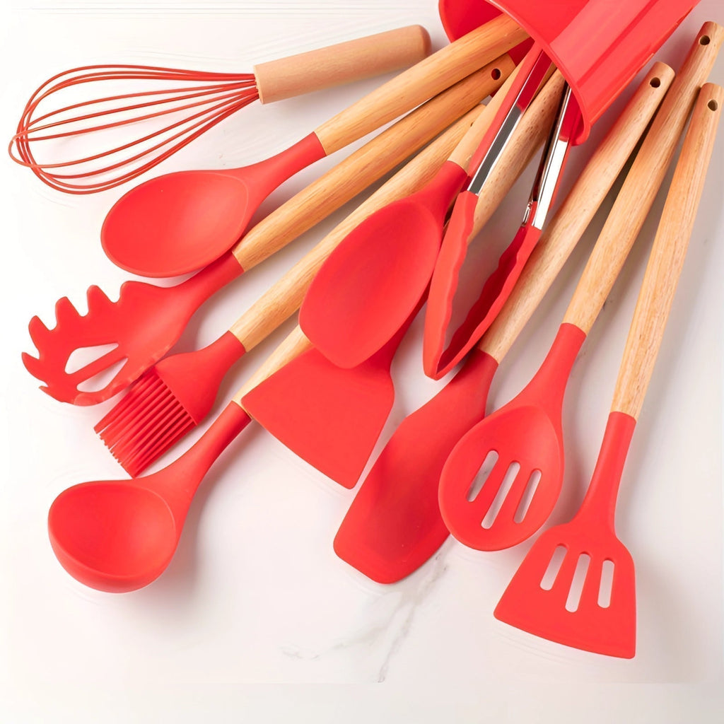 Set di utensili da cucina ecologici in silicone con manici in bambù