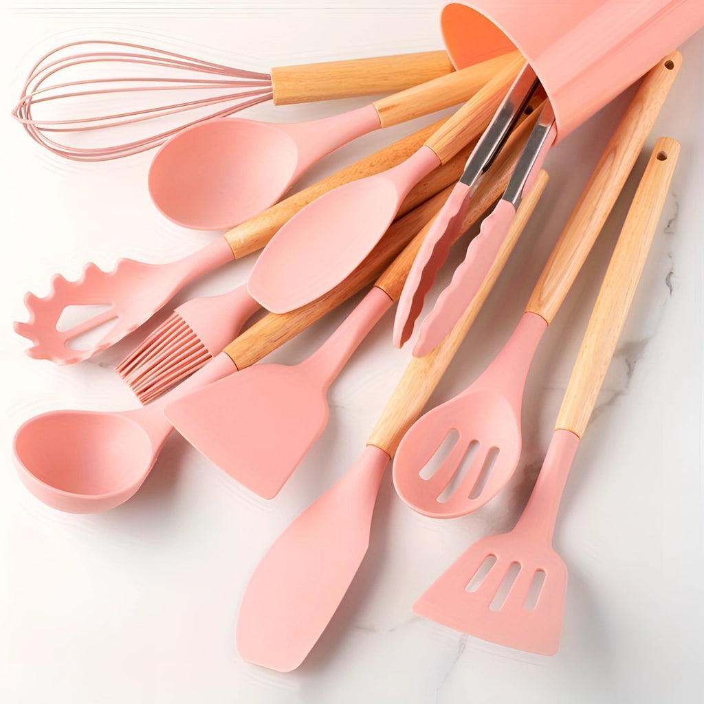 Set di utensili da cucina ecologici in silicone con manici in bambù