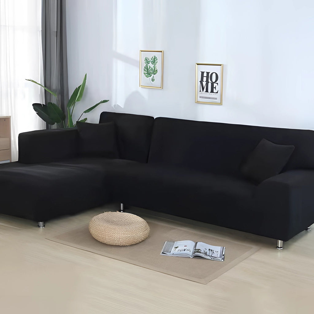 Luxuriöse schwarze Ecksofa-Abdeckung – moderne L-förmige Sofabezug mit Chrombeinen