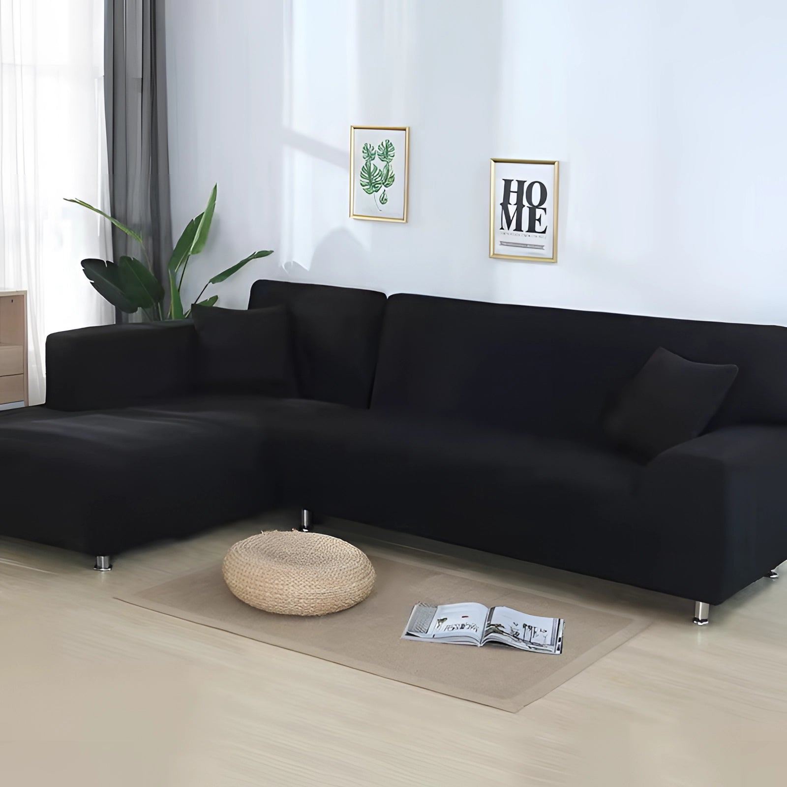 Luxuriöse schwarze Ecksofa-Abdeckung – moderne L-förmige Sofabezug mit Chrombeinen