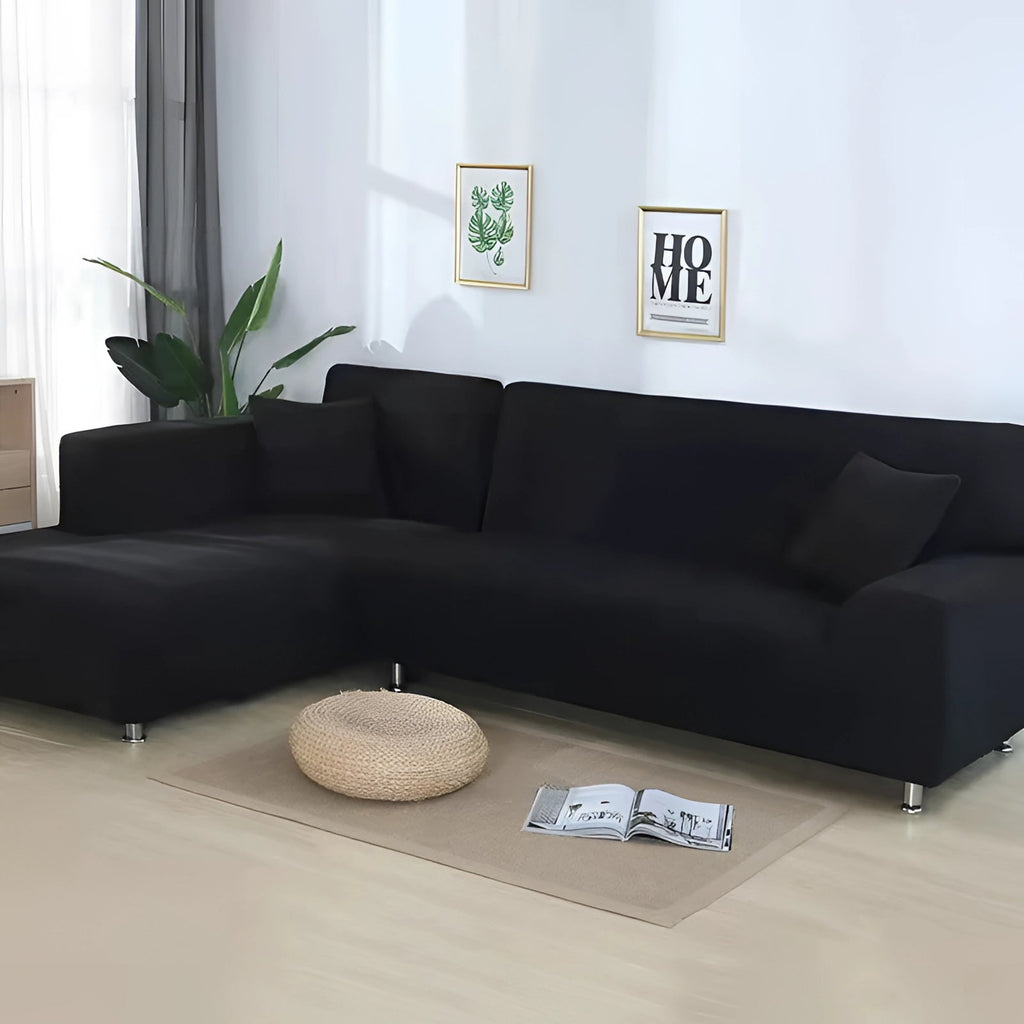 Luxuriöse schwarze Ecksofa-Abdeckung – moderne L-förmige Sofabezug mit Chrombeinen
