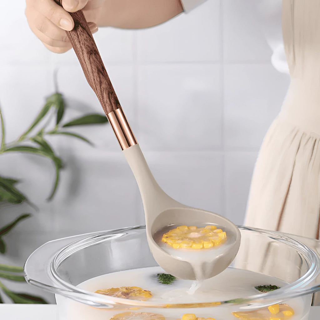 Set Peralatan Dapur Mewah - Pemegang Tembaga & Kayu, Alat Silikon