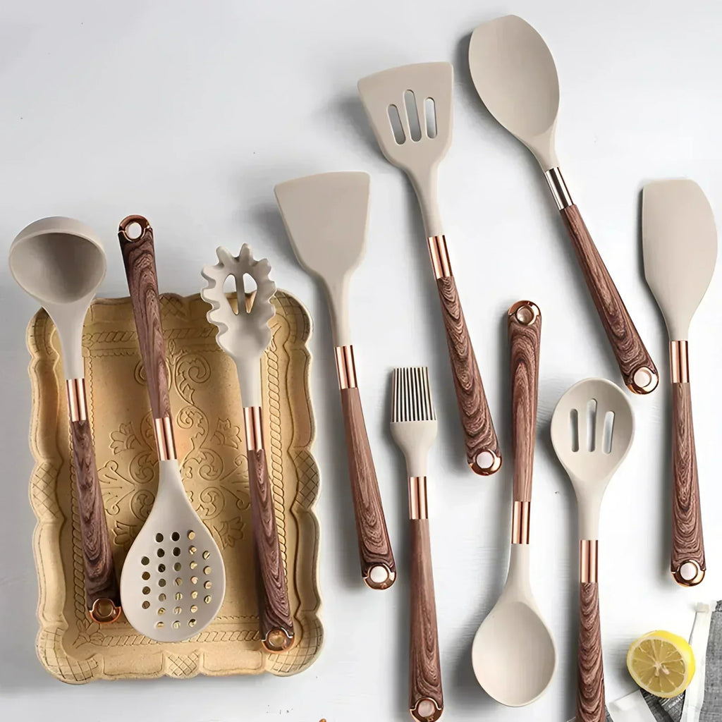 Set Peralatan Dapur Mewah - Pemegang Tembaga & Kayu, Alat Silikon