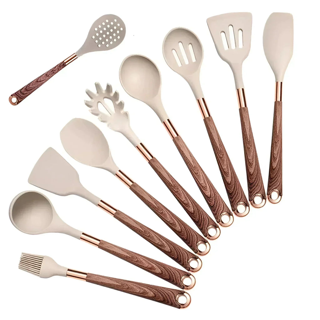 Set Peralatan Dapur Mewah - Pemegang Tembaga & Kayu, Alat Silikon