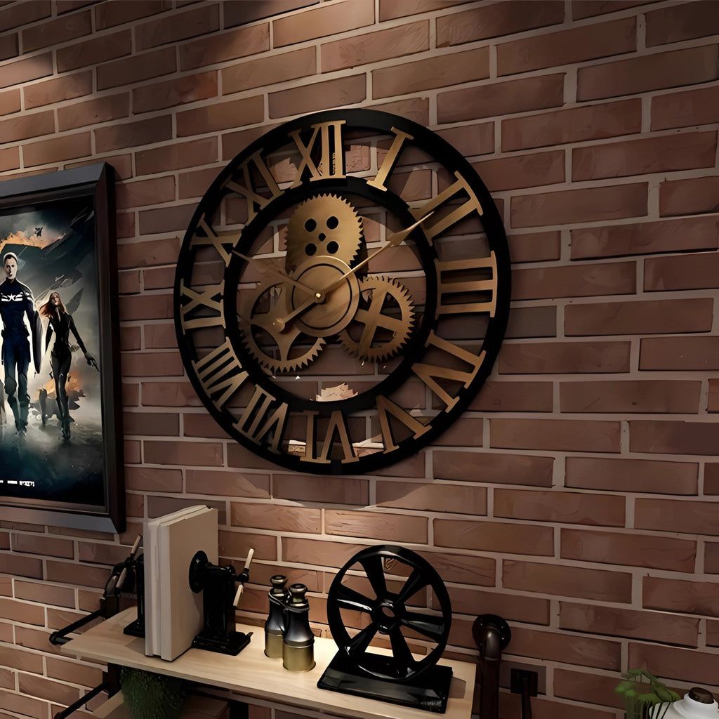 Reloj de pared industrial con números romanos sobredimensionados - Metal negro estilo steampunk