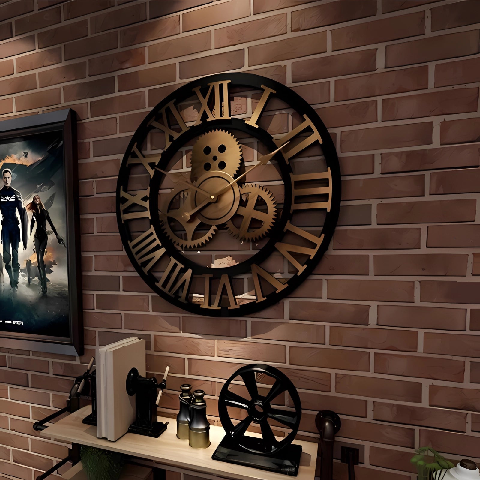 Reloj de pared industrial con números romanos sobredimensionados - Metal negro estilo steampunk