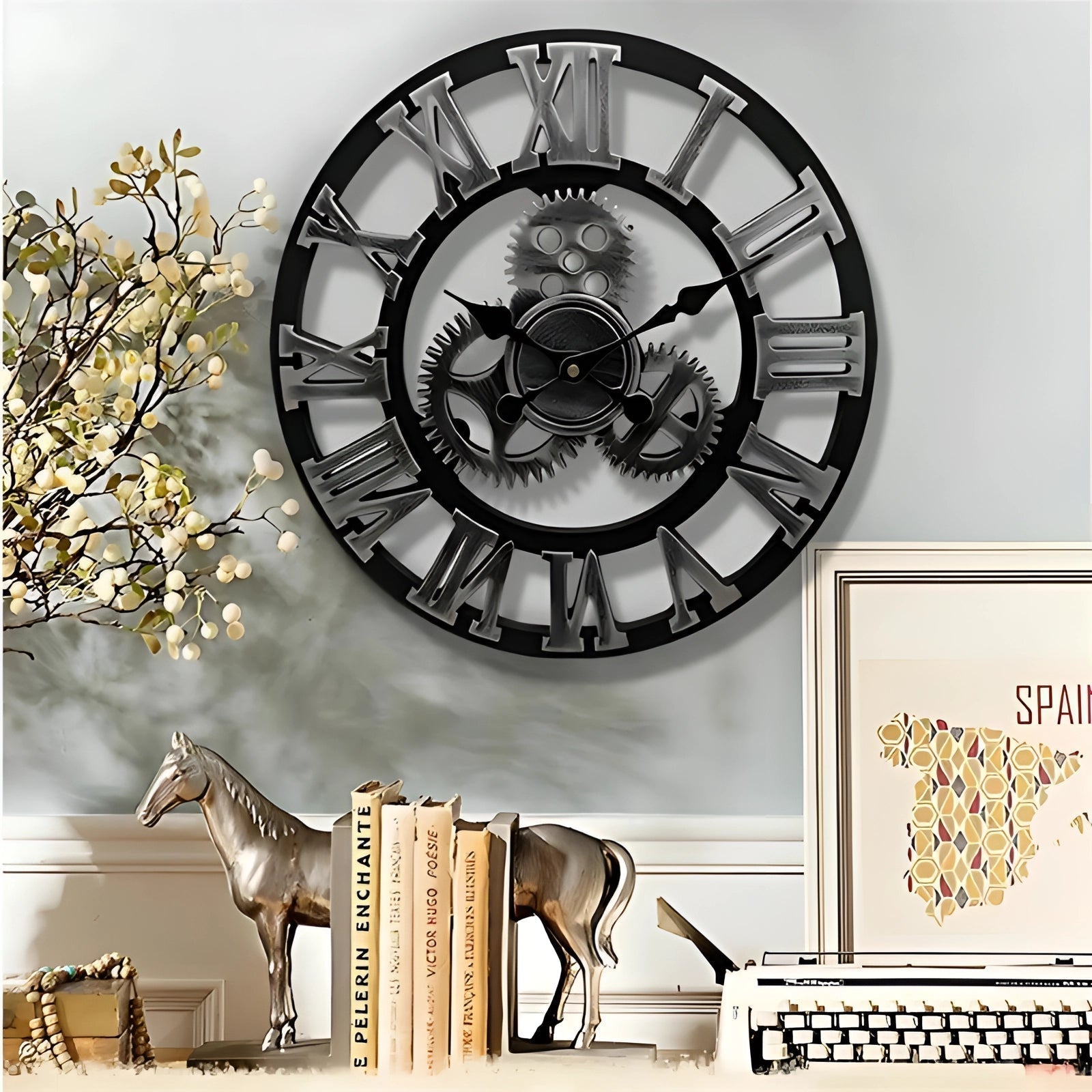 Reloj de pared industrial con números romanos sobredimensionados - Metal negro estilo steampunk