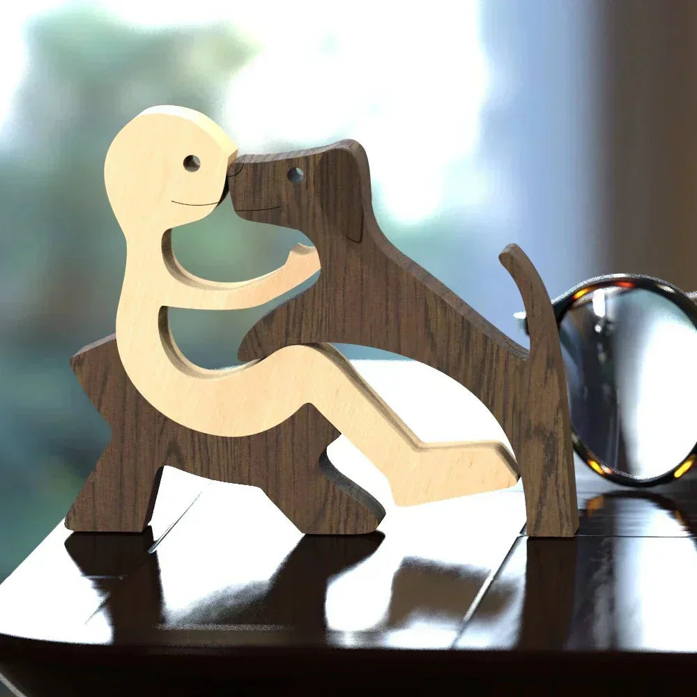 Sculpture de chien en bois avec écharpe rayée - figurine festive pour les fêtes