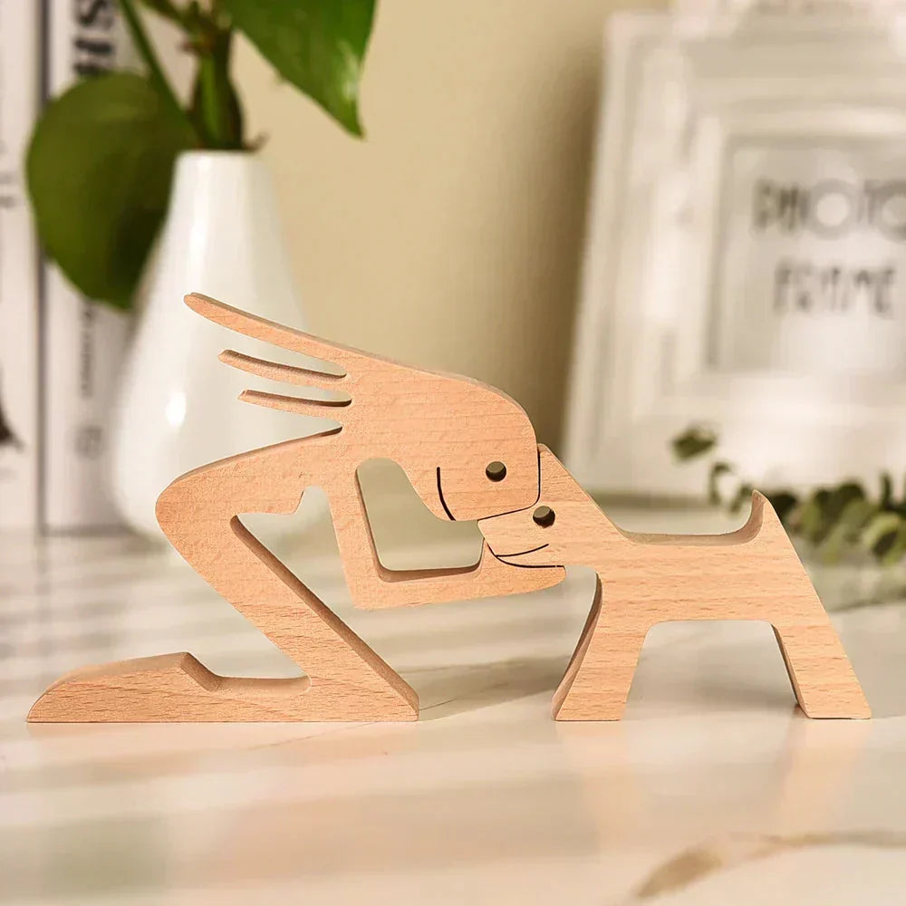 Sculpture de chien en bois avec écharpe rayée - figurine festive pour les fêtes