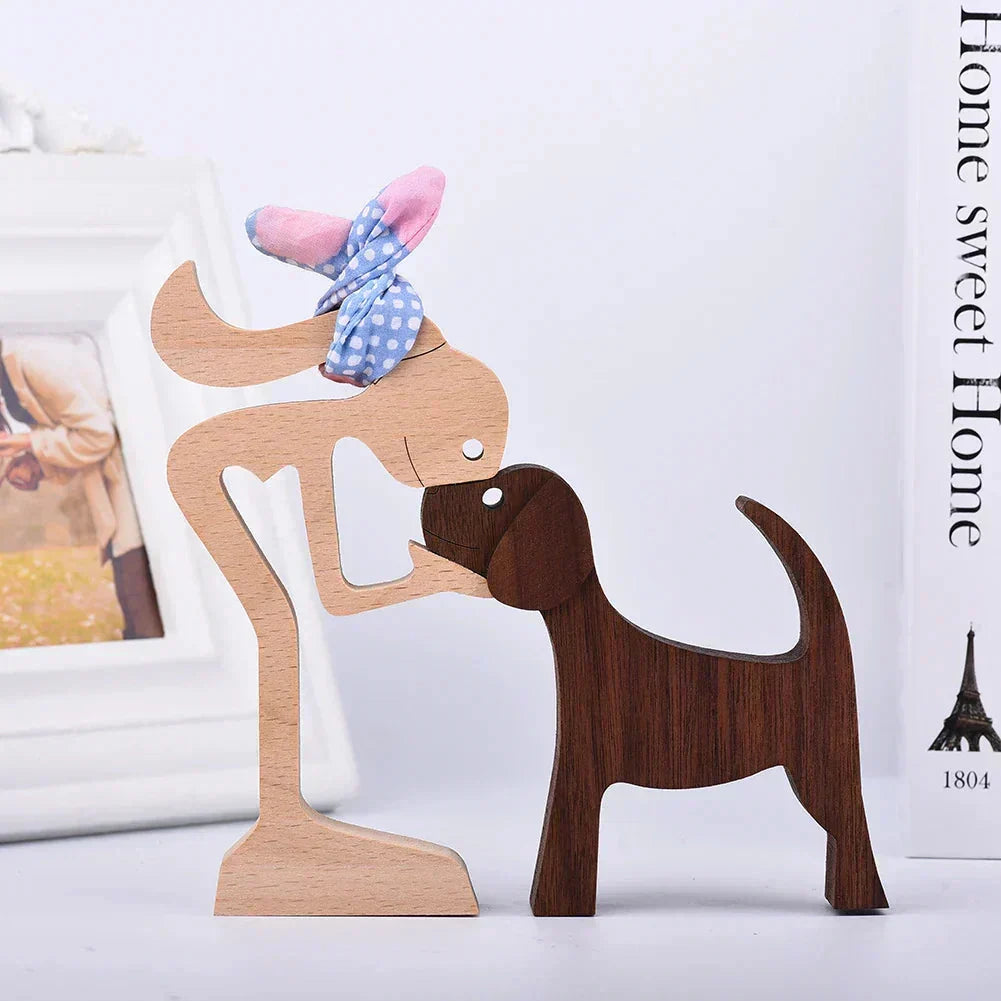 Sculpture de chien en bois avec écharpe rayée - figurine festive pour les fêtes