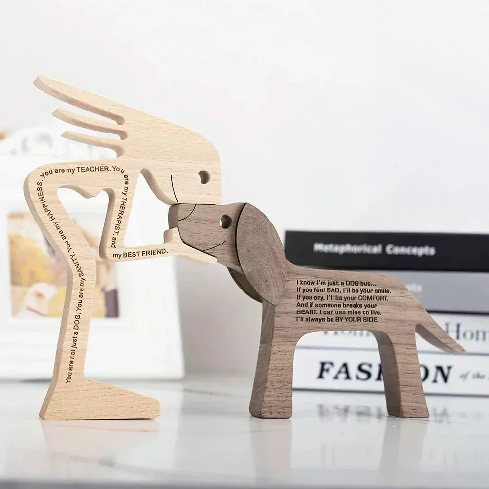 Sculpture de chien en bois avec écharpe rayée - figurine festive pour les fêtes
