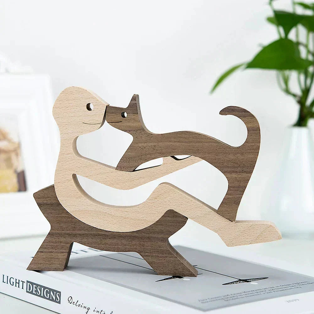 Sculpture de chien en bois avec écharpe rayée - figurine festive pour les fêtes