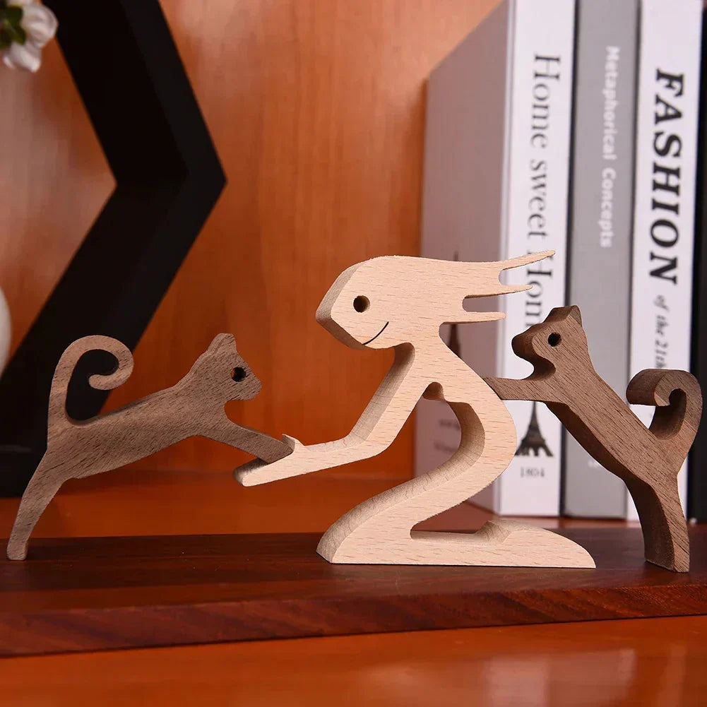 Sculpture de chien en bois avec écharpe rayée - figurine festive pour les fêtes