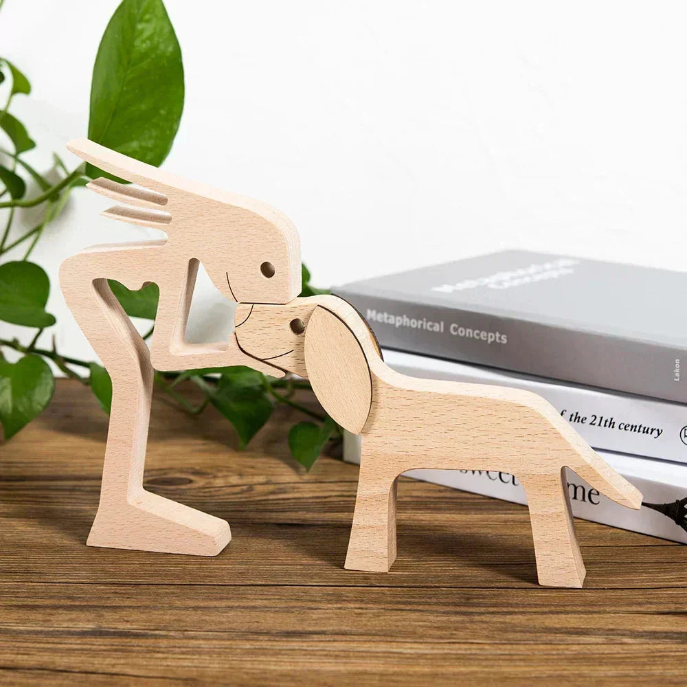 Sculpture de chien en bois avec écharpe rayée - figurine festive pour les fêtes