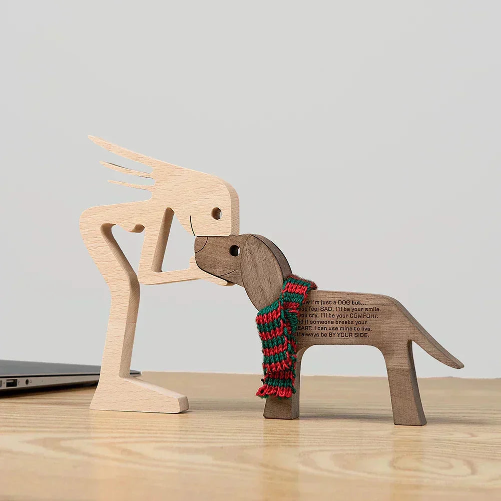 Sculpture de chien en bois avec écharpe rayée - figurine festive pour les fêtes