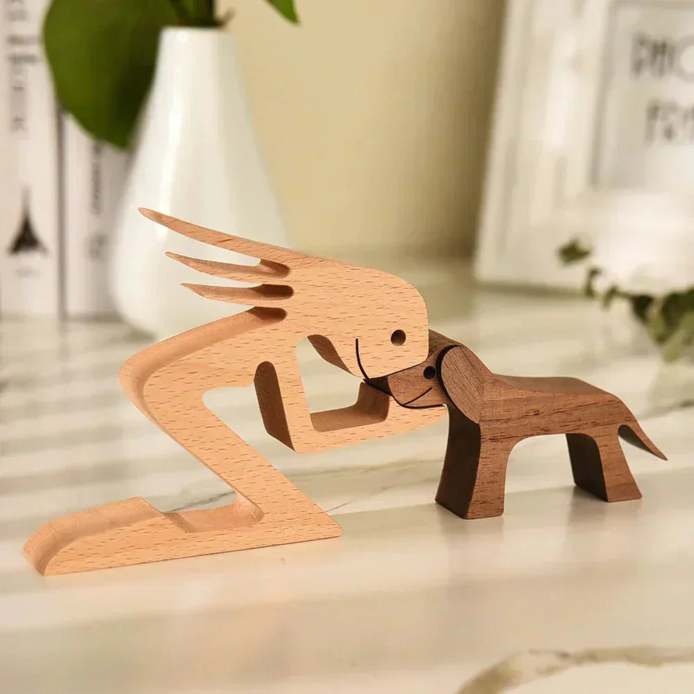 Sculpture de chien en bois avec écharpe rayée - figurine festive pour les fêtes