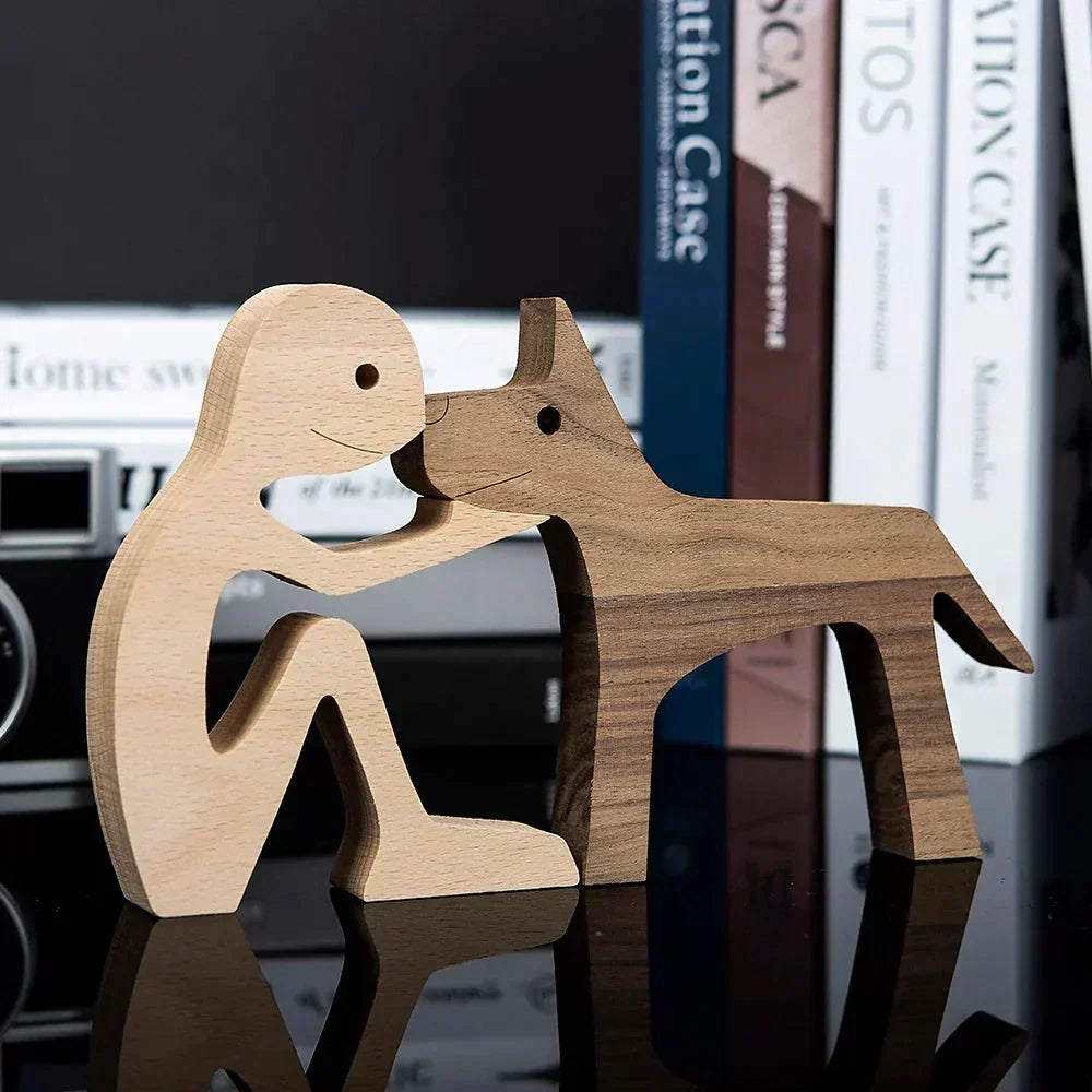 Sculpture de chien en bois avec écharpe rayée - figurine festive pour les fêtes