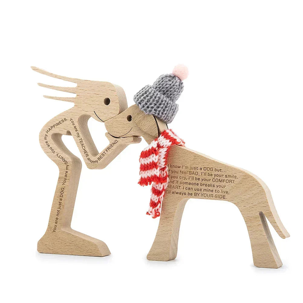 Sculpture de chien en bois avec écharpe rayée - figurine festive pour les fêtes
