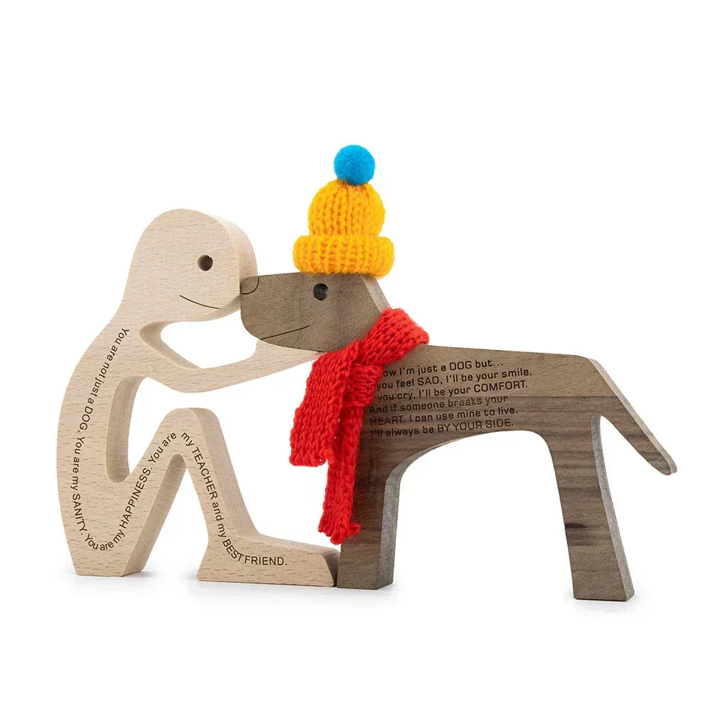 Sculpture de chien en bois avec écharpe rayée - figurine festive pour les fêtes