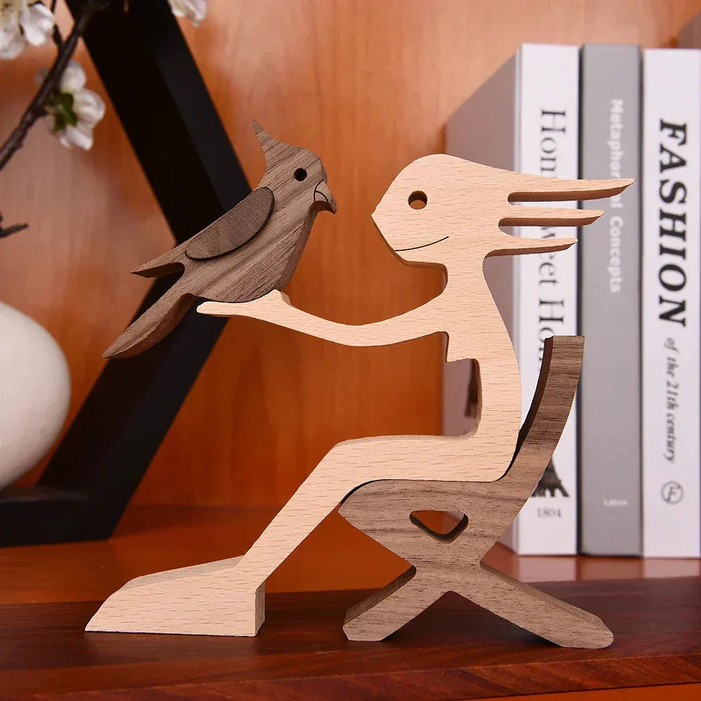 Sculpture de chien en bois avec écharpe rayée - figurine festive pour les fêtes