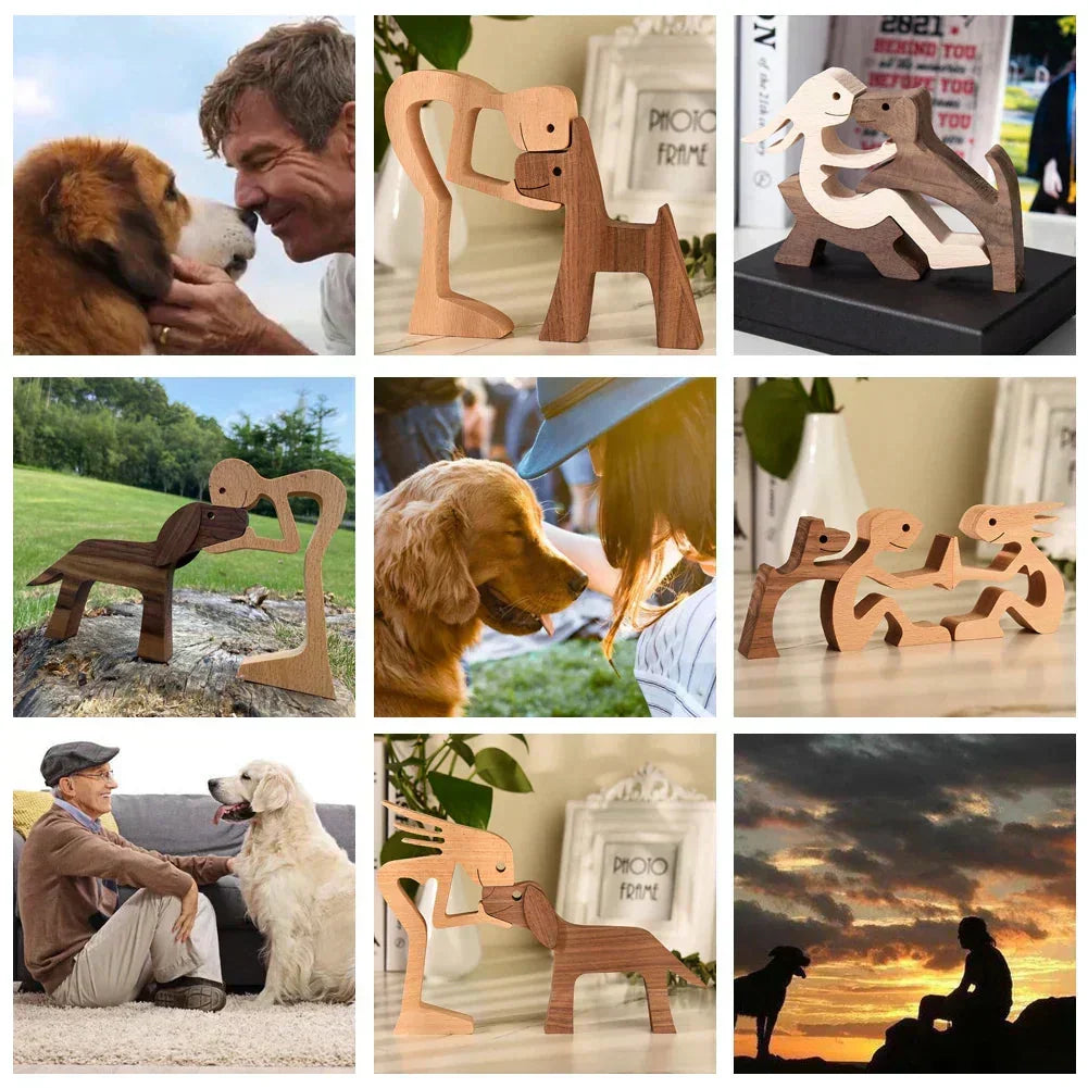 Sculpture de chien en bois avec écharpe rayée - figurine festive pour les fêtes