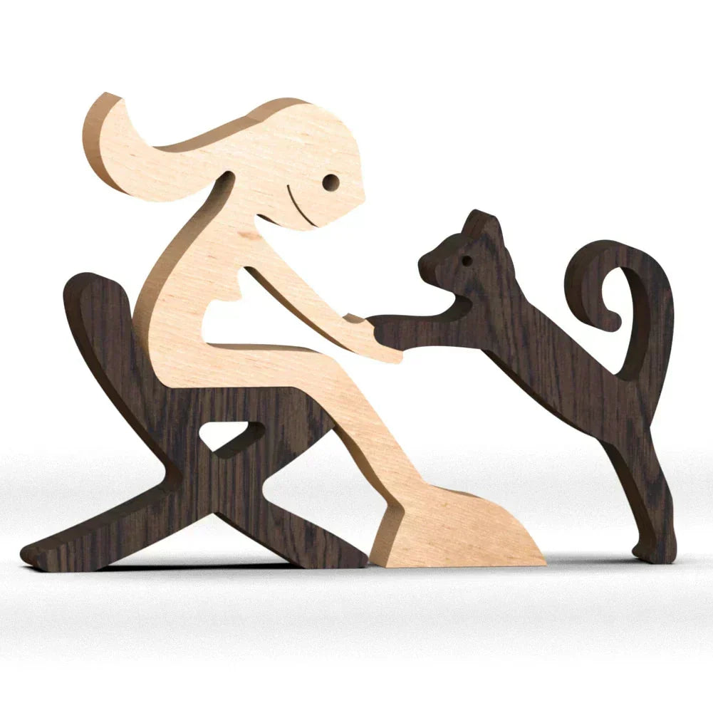 Sculpture de chien en bois avec écharpe rayée - figurine festive pour les fêtes