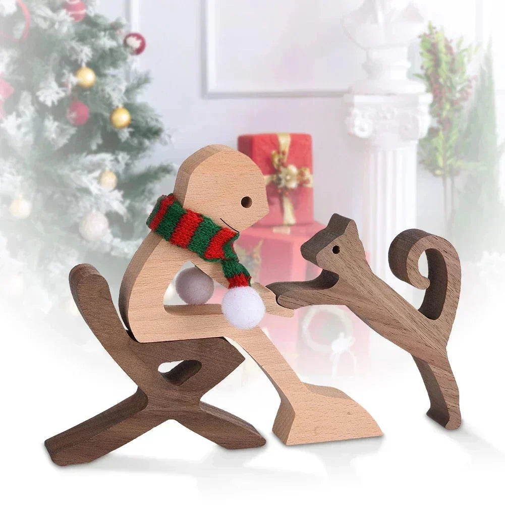 Sculpture de chien en bois avec écharpe rayée - figurine festive pour les fêtes
