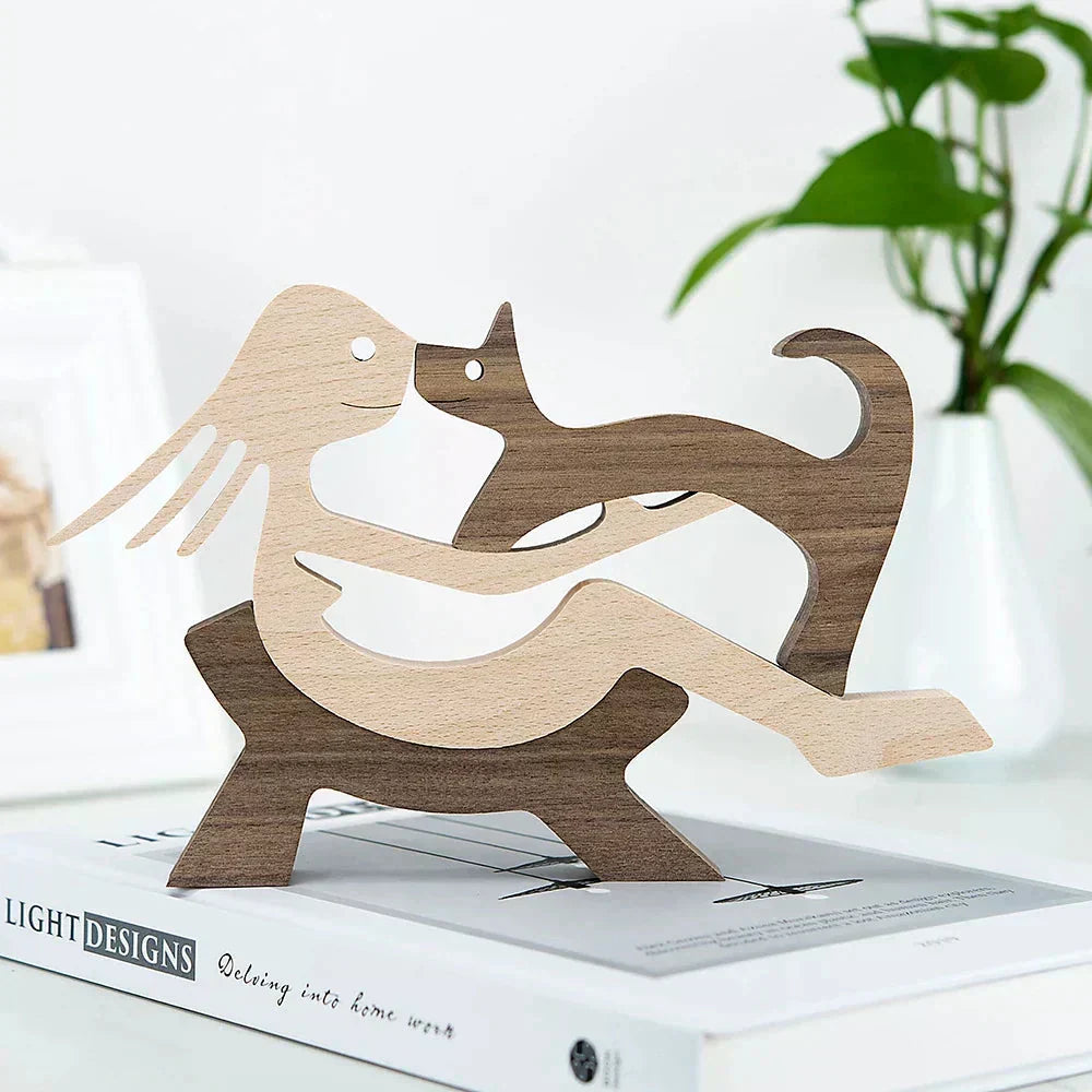 Sculpture de chien en bois avec écharpe rayée - figurine festive pour les fêtes