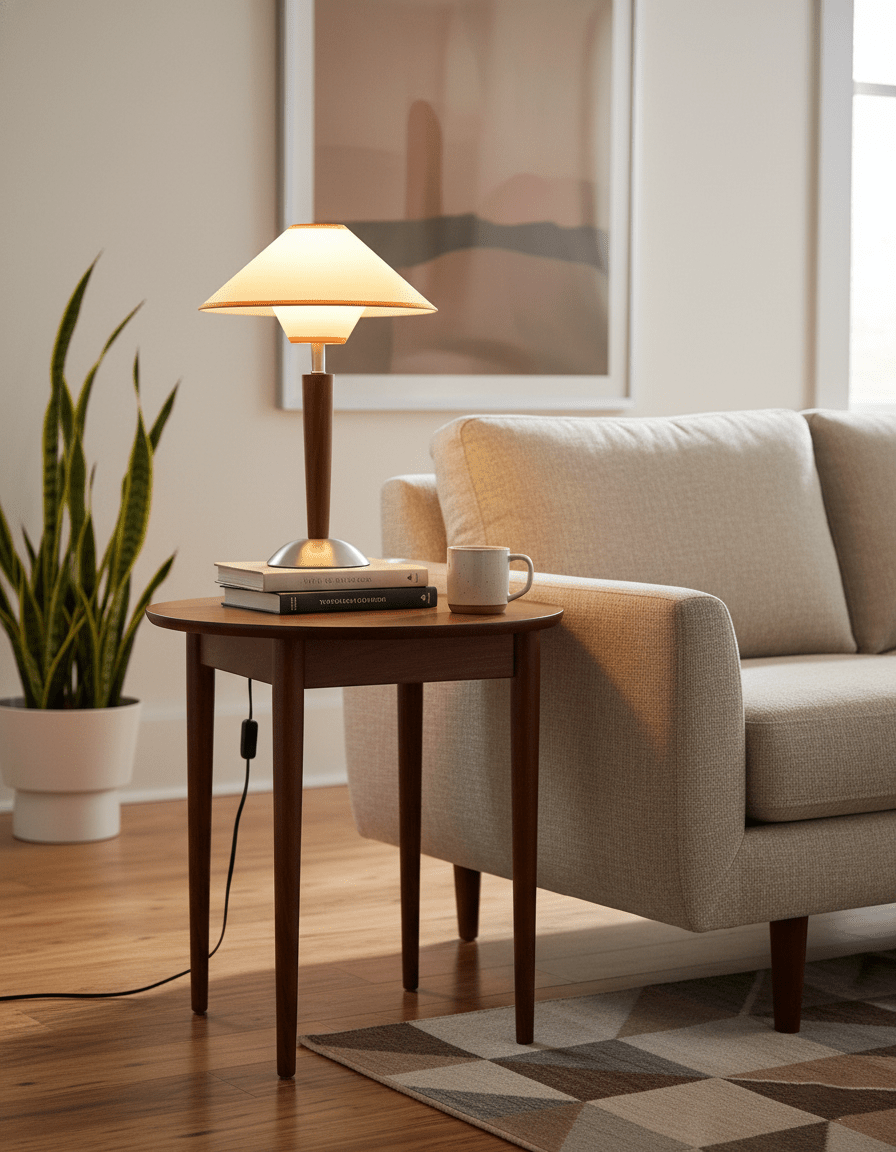 Talonwood Table Lamp — ∅11.8″ × H17.3″, Tan And Walnut Variant