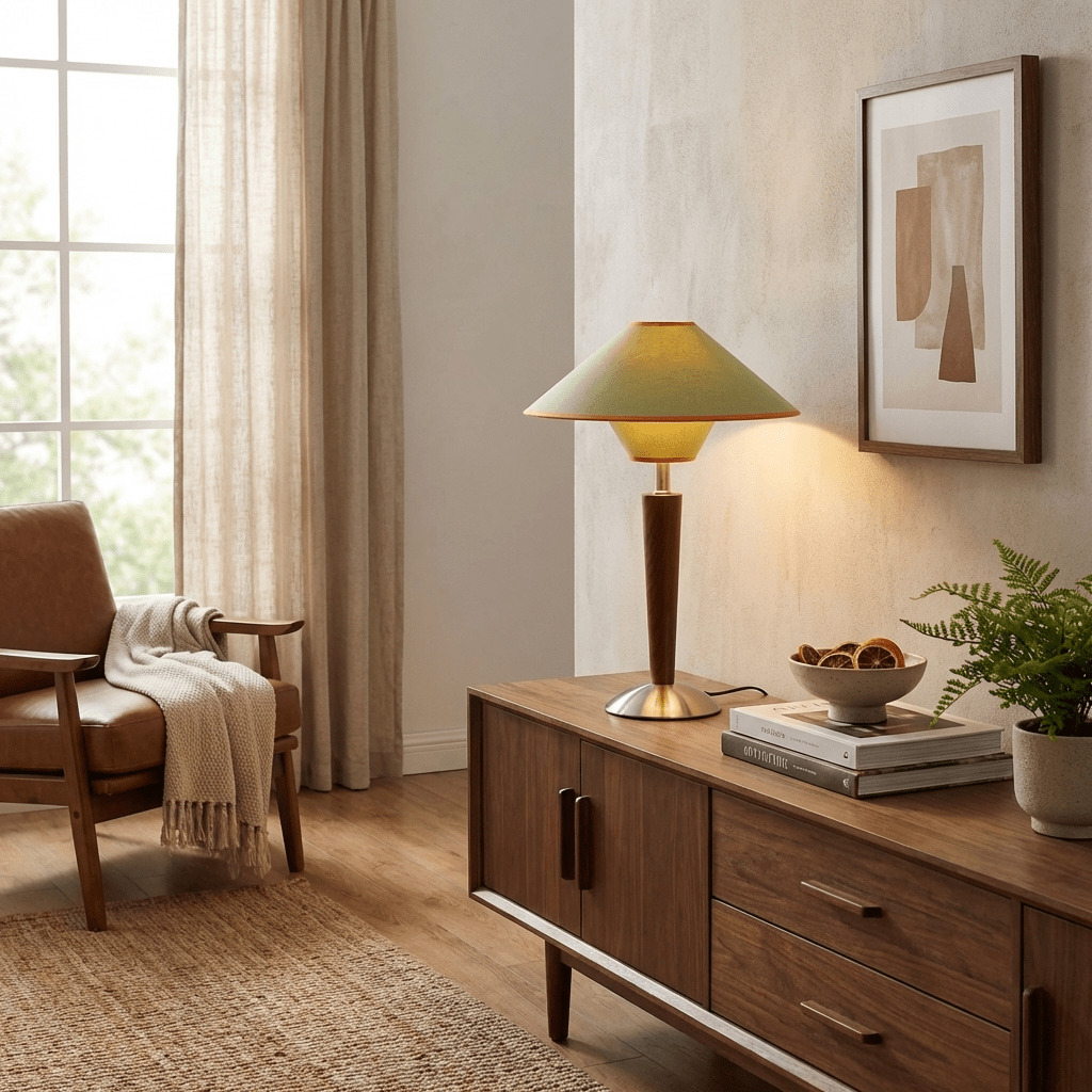 Talonwood Table Lamp — ∅11.8″ × H17.3″, Tan And Walnut Variant