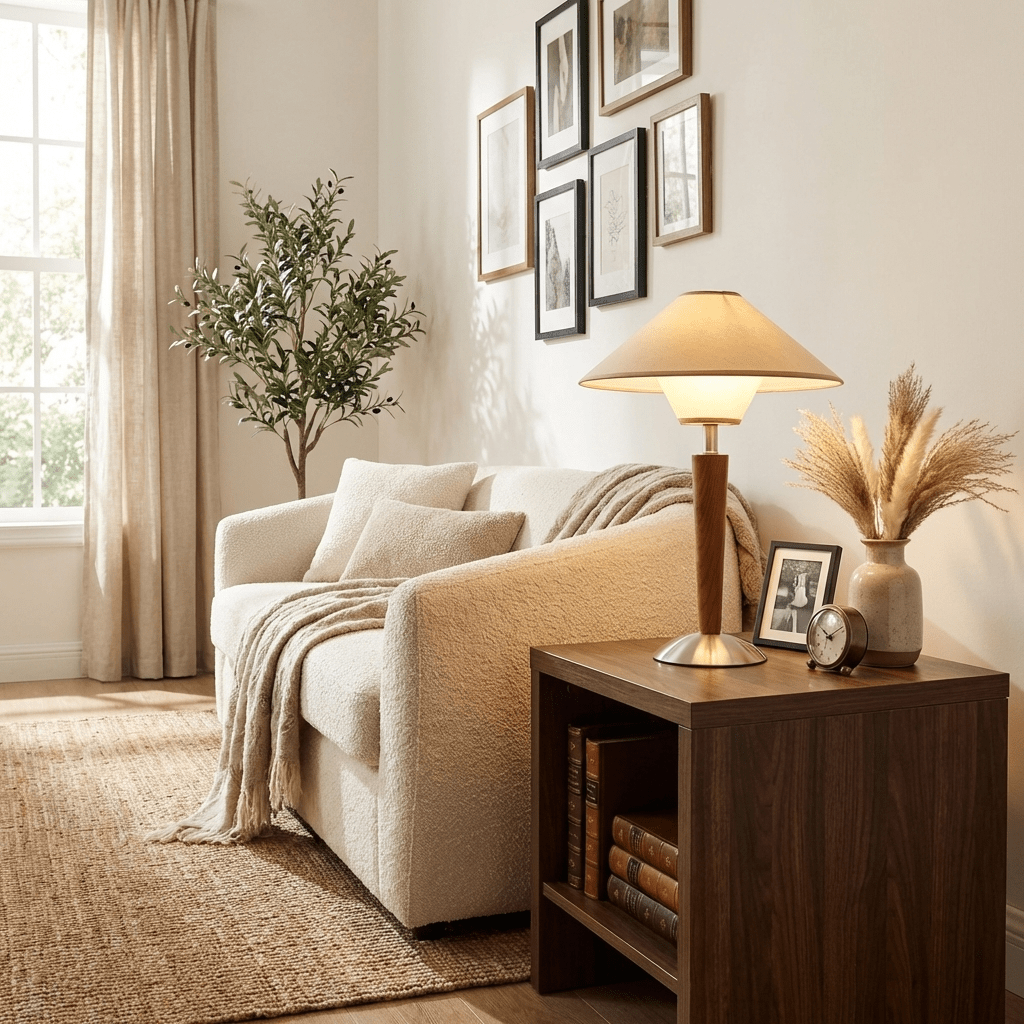 Talonwood Table Lamp — ∅11.8″ × H17.3″, Tan And Walnut Variant