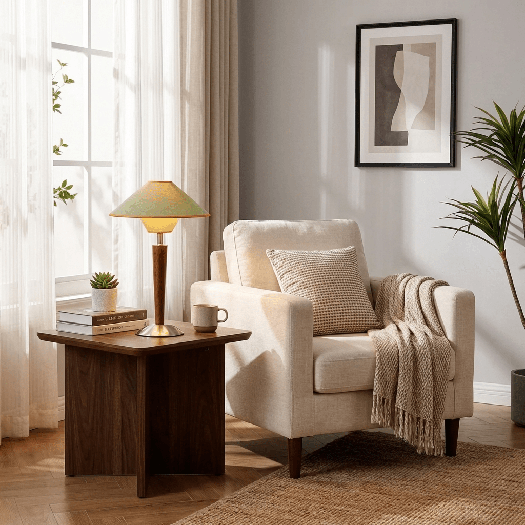 Talonwood Table Lamp — ∅11.8″ × H17.3″, Tan And Walnut Variant