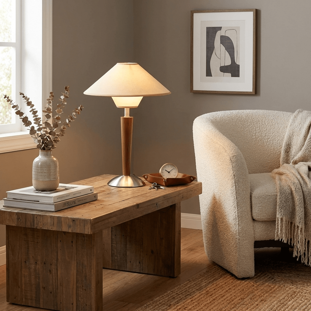 Talonwood Table Lamp — ∅11.8″ × H17.3″, Tan And Walnut Variant