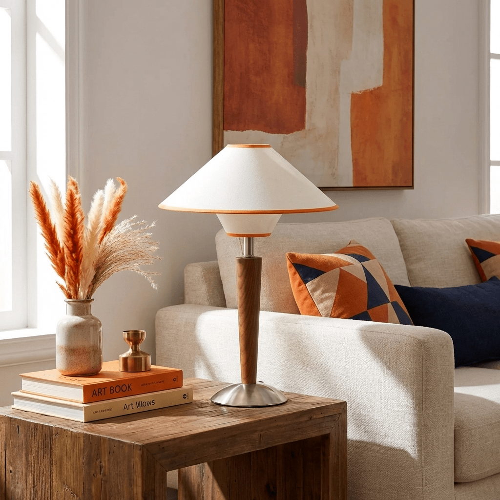 Talonwood Table Lamp — ∅11.8″ × H17.3″, Tan And Walnut Variant