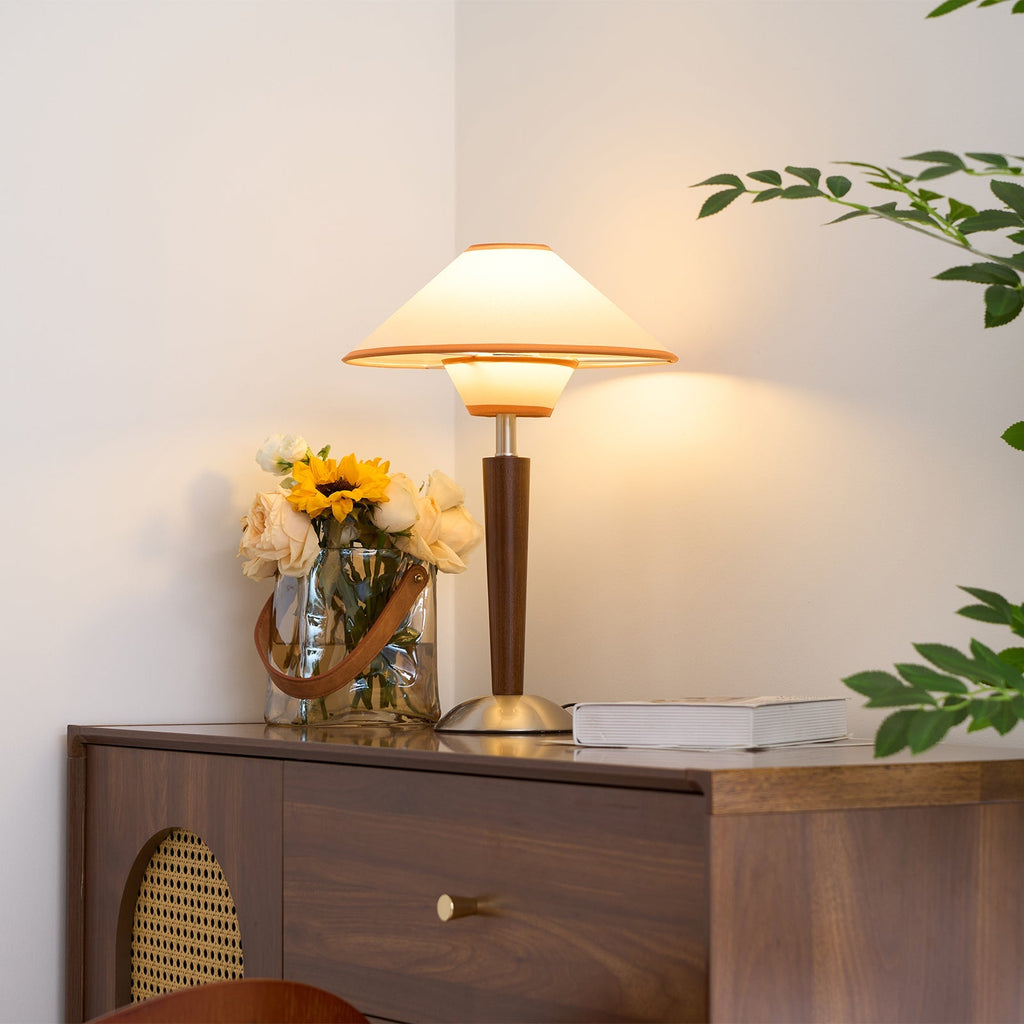 Talonwood Table Lamp — ∅11.8″ × H17.3″, Tan And Walnut Variant