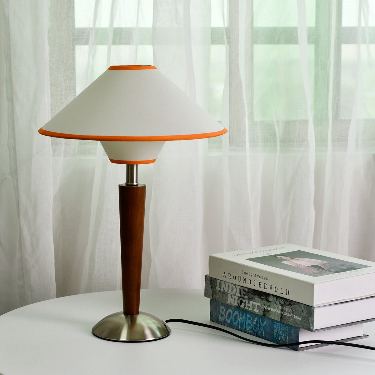 Talonwood Table Lamp — ∅11.8″ × H17.3″, Tan And Walnut Variant