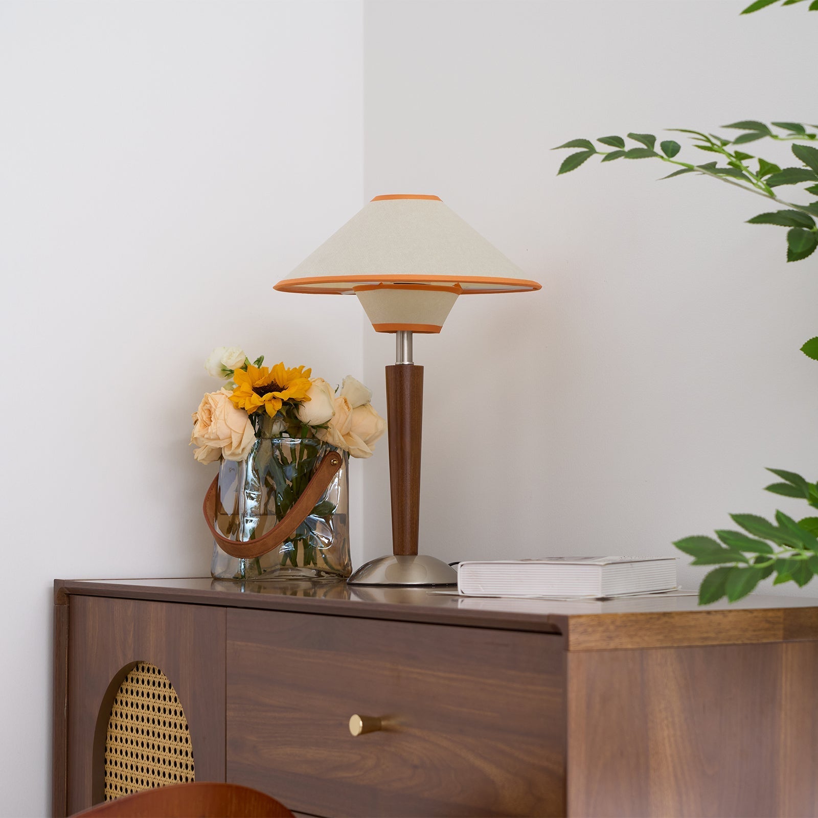 Talonwood Table Lamp — ∅11.8″ × H17.3″, Tan And Walnut Variant