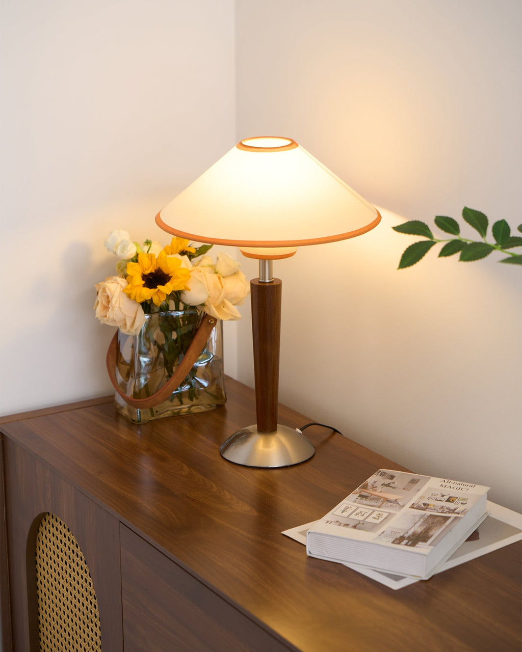 Talonwood Table Lamp — ∅11.8″ × H17.3″, Tan And Walnut Variant