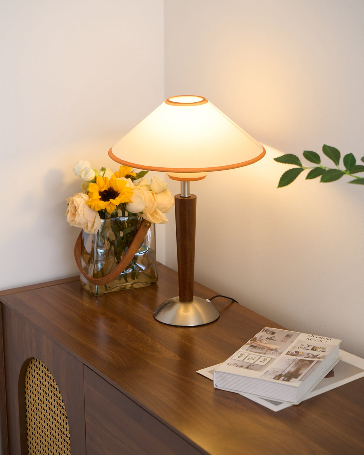 Talonwood Table Lamp — ∅11.8″ × H17.3″, Tan And Walnut Variant