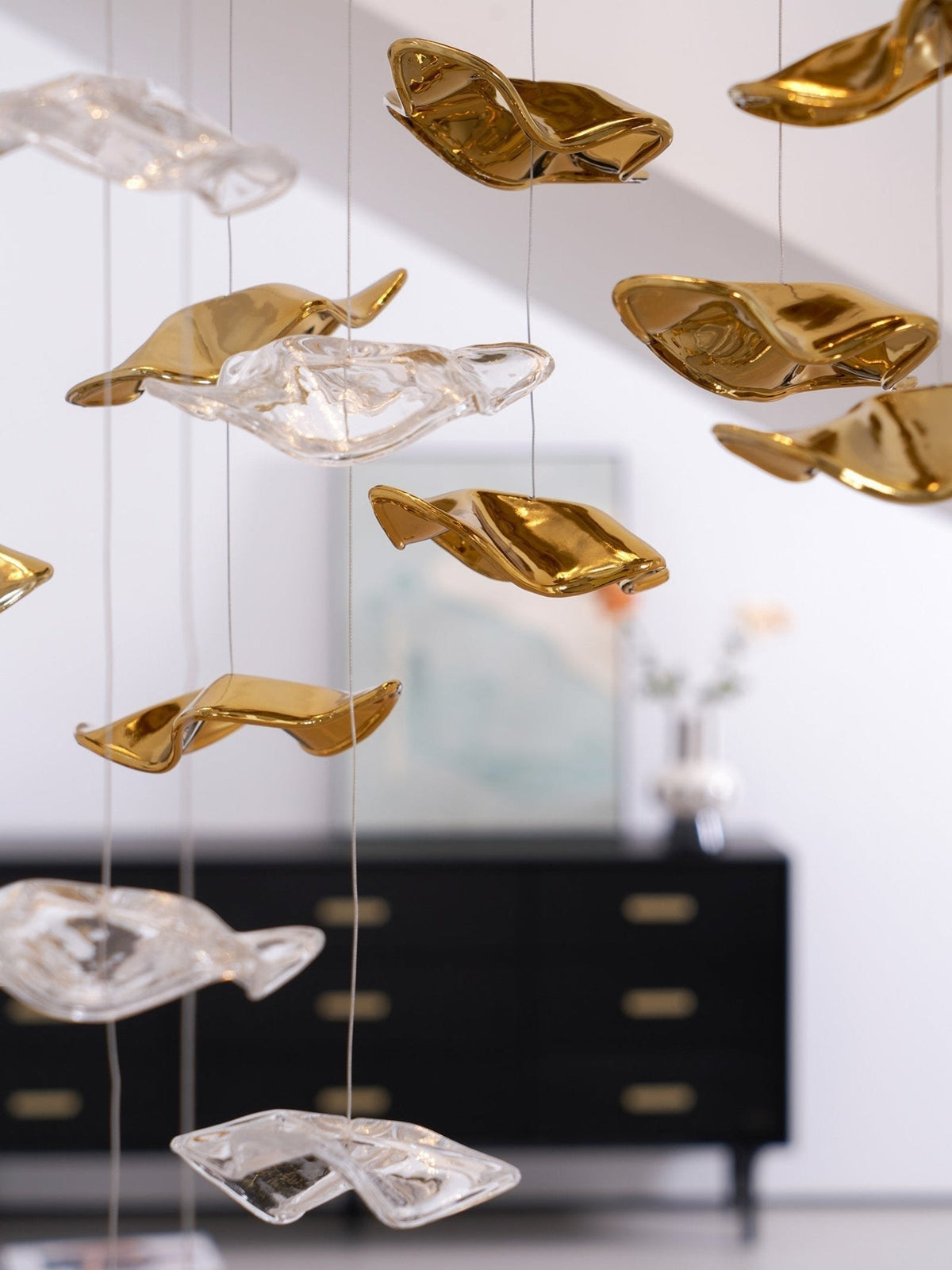Grande lampadario a foglie di cristallo Nephele — Rosone 210x80cm, onde a cascata